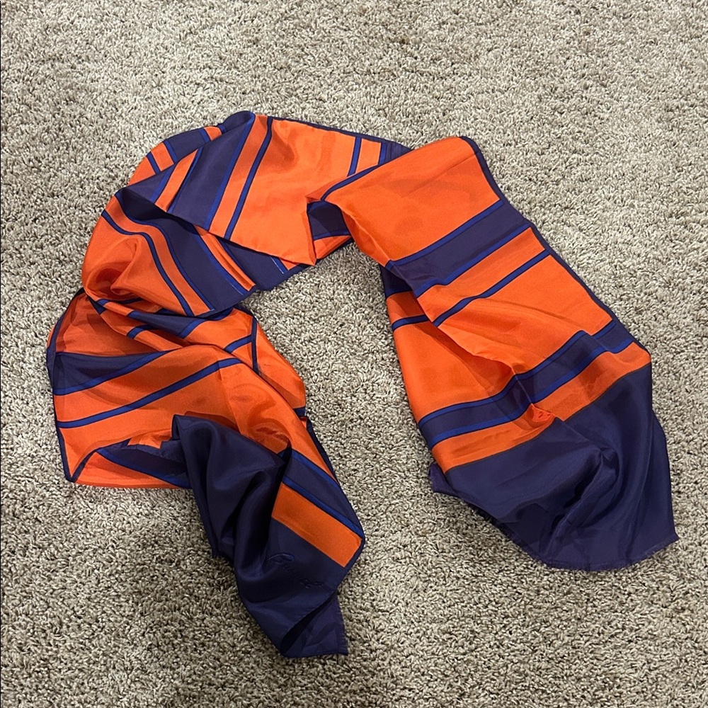 Vintage silk Burmel Red/Orange and Navy Striped Scarf